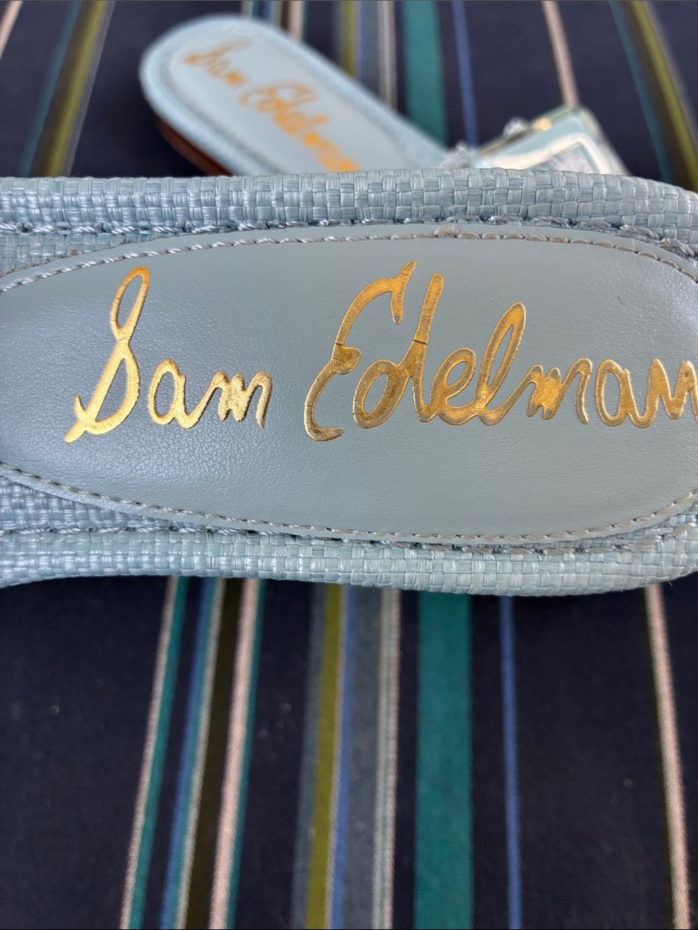 Sam Edelman Pale Blue Raffia Buckle Slide Sandals - Picture 2 of 8
